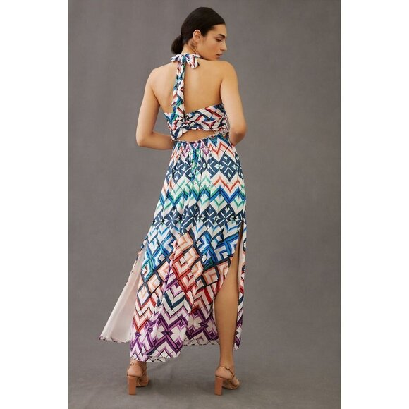 NWT Anthropologie Halter Dress Maxi 8 $248 Cut Out White Blue Side Slit HTF - Picture 3 of 13